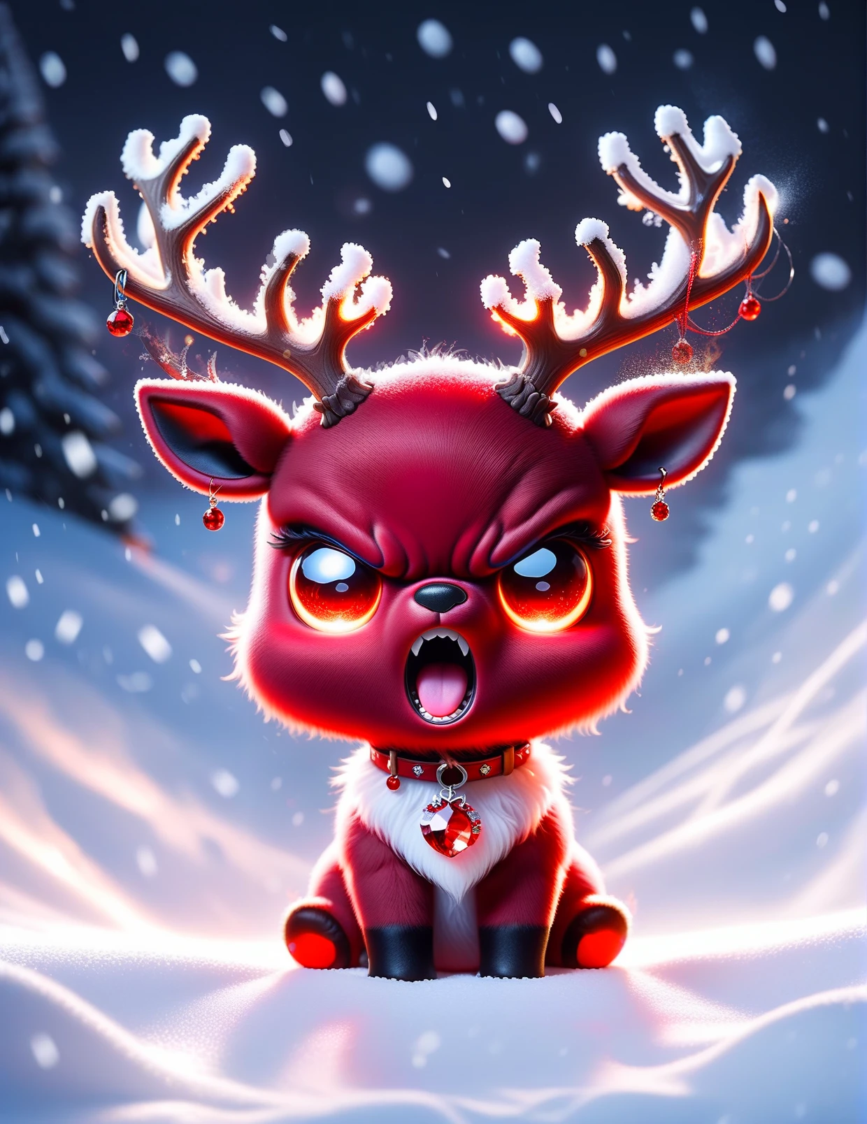 <lora:SDXLRageStyle:0.8>RageStyle dynamic shot of an adorable angry little red reindeer, sitting in the snow high quality, adorable, wearing a red ruby collar