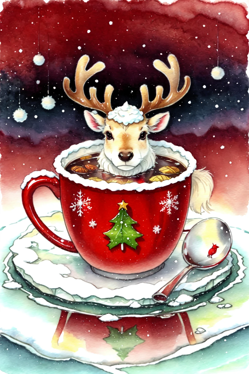 <lora:ChristmasFood:0.8> ChristmasFood, Reindeer in a soup mug, partially submerged, ice, frost, reflection, snow, traditional media, red theme