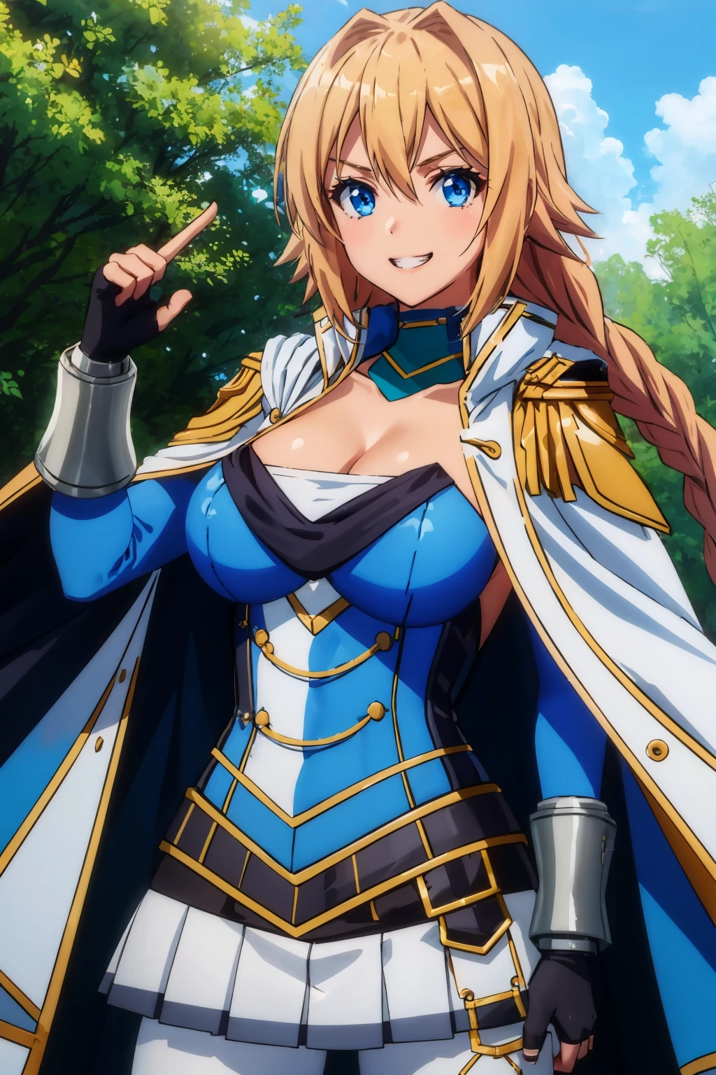 masterpiece, best quality, <lora:danchouarthur-nvwls-v1-000009:0.9> danchou, single braid, white cape, cleavage, blue uniform, white skirt, armored legwear, fingerless gloves, large breasts, grin, forest, castle, blue sky, looking at viewer, upper body