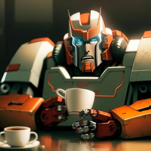 a masterpice of Ratchet, annoyed expression, sitting with coffe on table, mecha, solo, metallic skin, robot,<lora:idw_Ratchet>