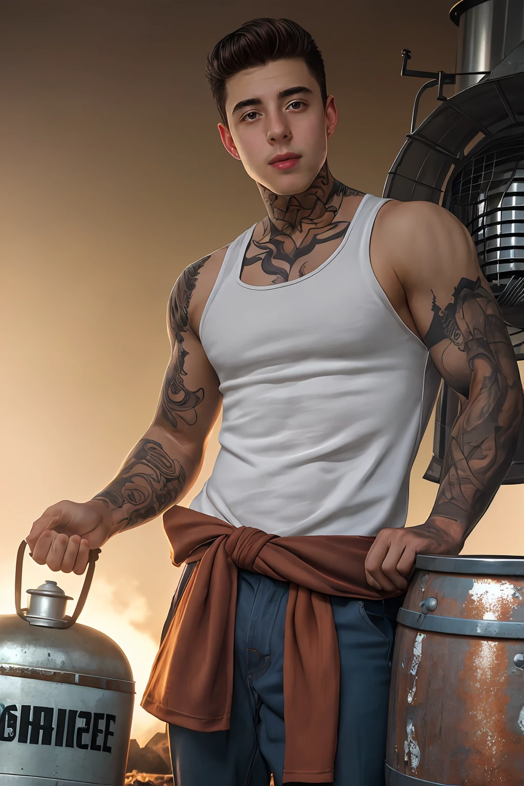 (wearing a tank top shirt) photo of male jakipz with tattoos <lora:jakipz-08:0.85> posing outdoors in a remote construction site carrying a rusted metal canister, leaning against a rusted barrel, wearing a tank top and shirt tied around his waist, looking into the camera, confident expression, natural lighting, In the style of (norman rockwell), 1950s gasstation, Realistic, photoreal, high definition, high contrast, high saturation, highly detailed, high quality, masterpiece, volumetric light, vibrant colors, exquisite illustration