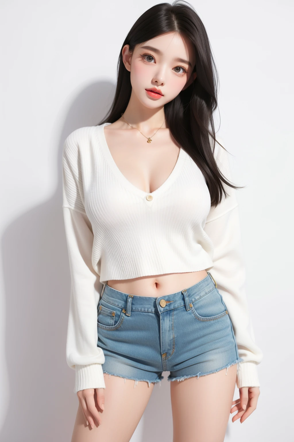 1girl,white background,(big chest:1.3),(standing:1.3),(white skinny sweater:1.2),(denim_shorts:1.2),