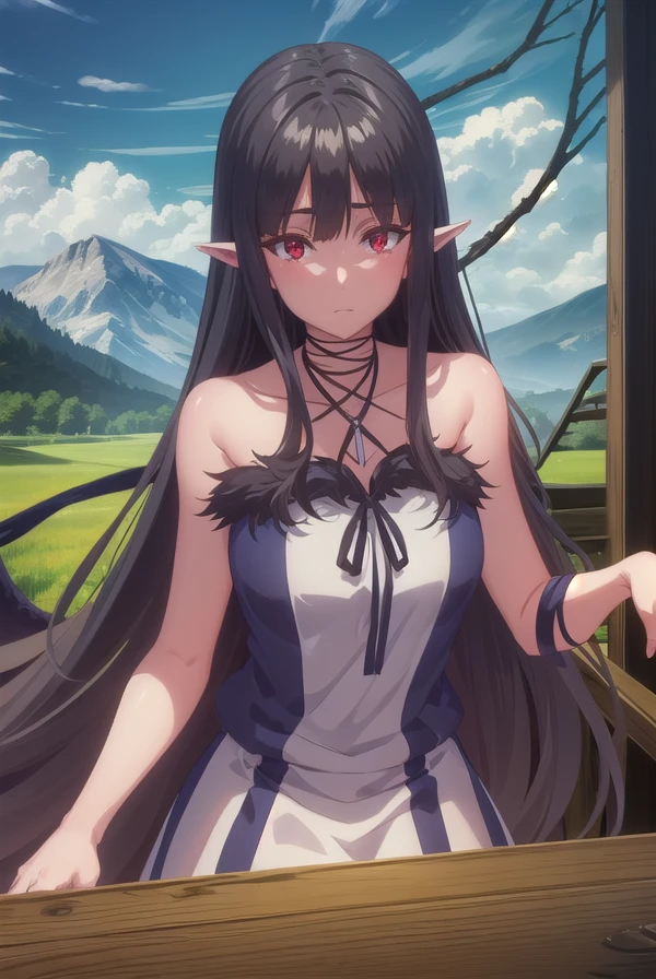 evereese, <lora:eve reese s1-lora-nochekaiser:1>,
eve reese, long hair, bangs, black hair, (red eyes:1.3), very long hair, pointy ears,
BREAK dress, bare shoulders, collarbone, wings, sleeveless, black dress, black ribbon, halterneck, bandages, feathered wings, black wings,
BREAK outdoors, forest, nature, trees, grass, sun, sky, clouds,
BREAK looking at viewer, (cowboy shot:1.5),
BREAK <lyco:GoodHands-beta2:1>, (masterpiece:1.2), best quality, high resolution, unity 8k wallpaper, (illustration:0.8), (beautiful detailed eyes:1.6), extremely detailed face, perfect lighting, extremely detailed CG, (perfect hands, perfect anatomy),