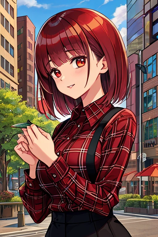 MILF, Flannel Shirt
, Medium Dark Red, city, bowl cut