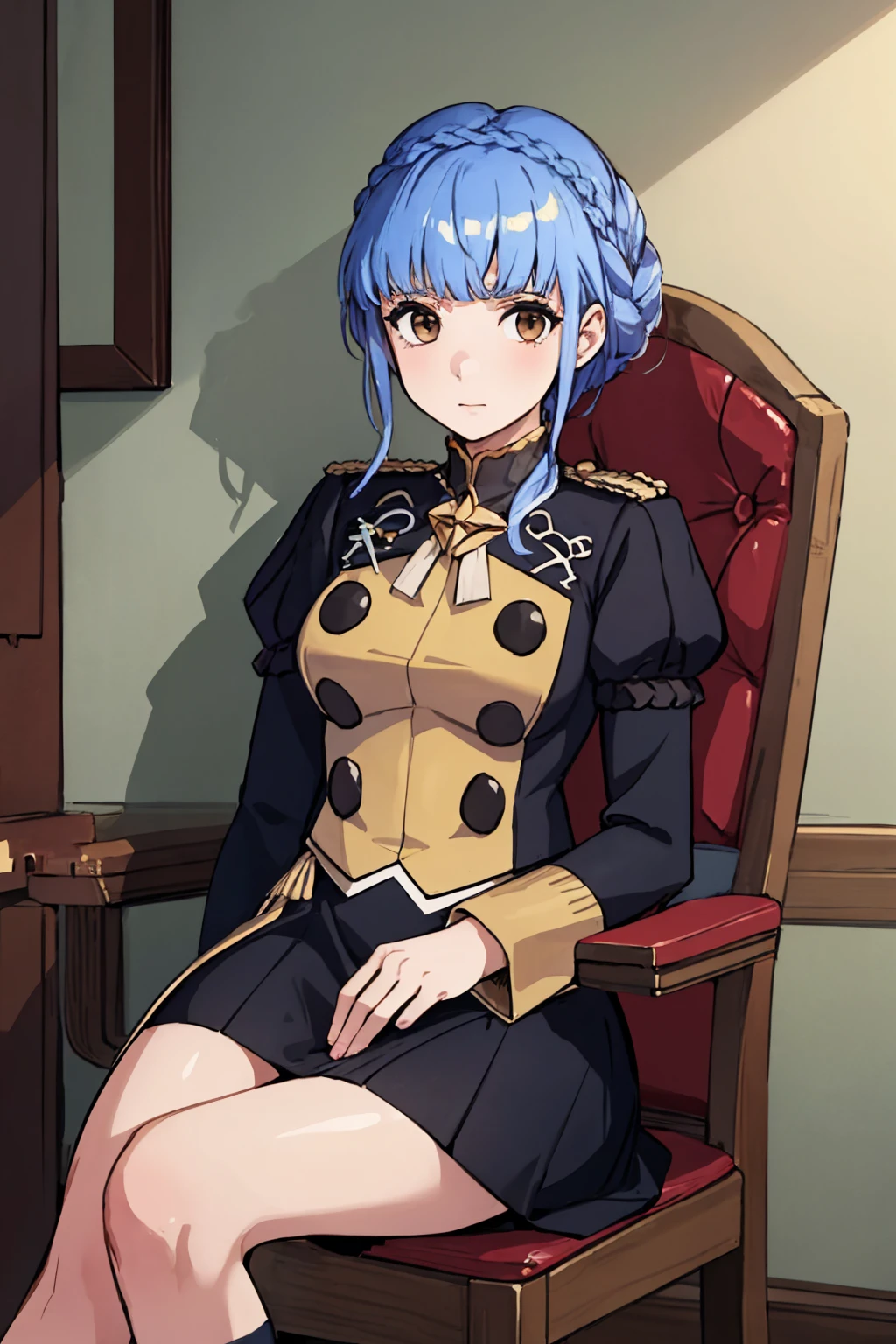 (masterpiece, best quality:1.2), solo, 1girl, marianneuniform, shy, looking at viewer, sitting, chair, crown braid, uniform, epaulettes, long sleeves, indoors <lora:fireemblem_marianne_v2-10:1>