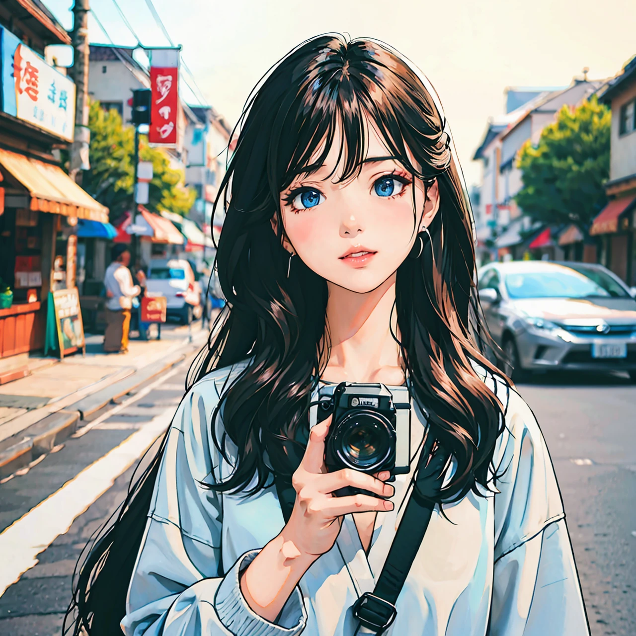 chaoren,a woman holding a camera with a color chart on it's side and a color chart on the other side,1girl,blurry background,blurry,earrings,jewelry,solo,black hair,long hair,looking at viewer,realistic,lips,holding,ground vehicle,blue eyes,blush,car,depth of field,shirt,parted lips,motor vehicle,
Best quality,masterpiece,ultra high res,<lora:GoodHands-beta2:1>,<lora:è¶
人æå½±v2:0.6>,