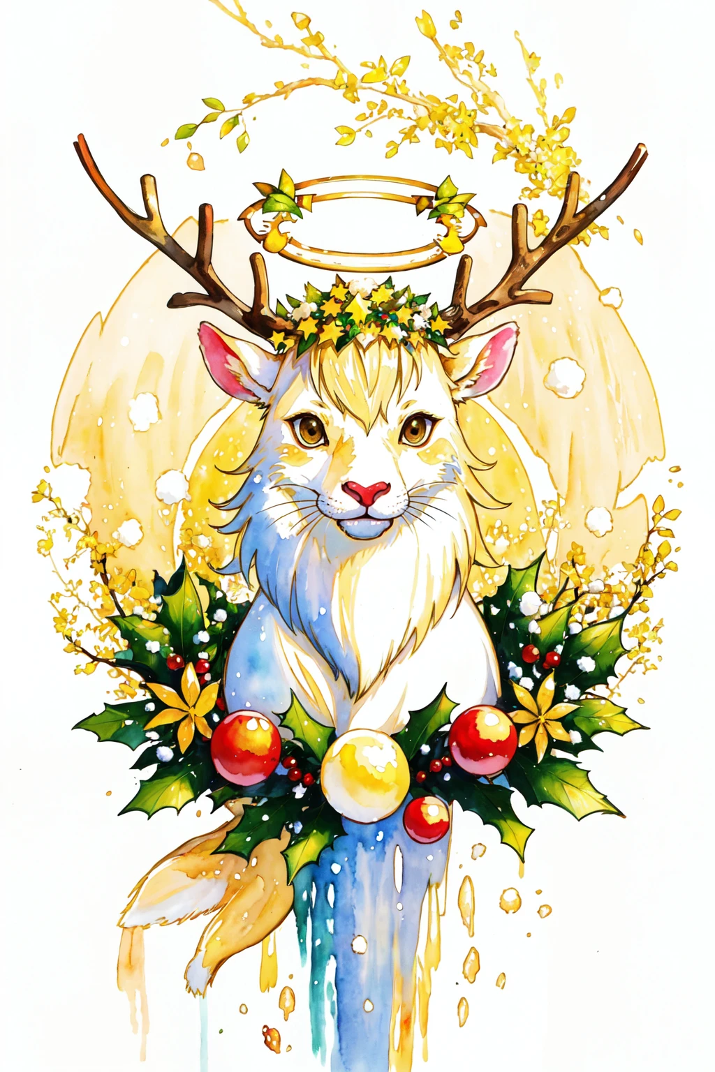 SplashHelper, solo, looking at viewer, simple background, white background, black eyes, no humans, animal, traditional media, christmas, painting (medium), antlers, animal focus, reindeer antlers, deer, reindeer,