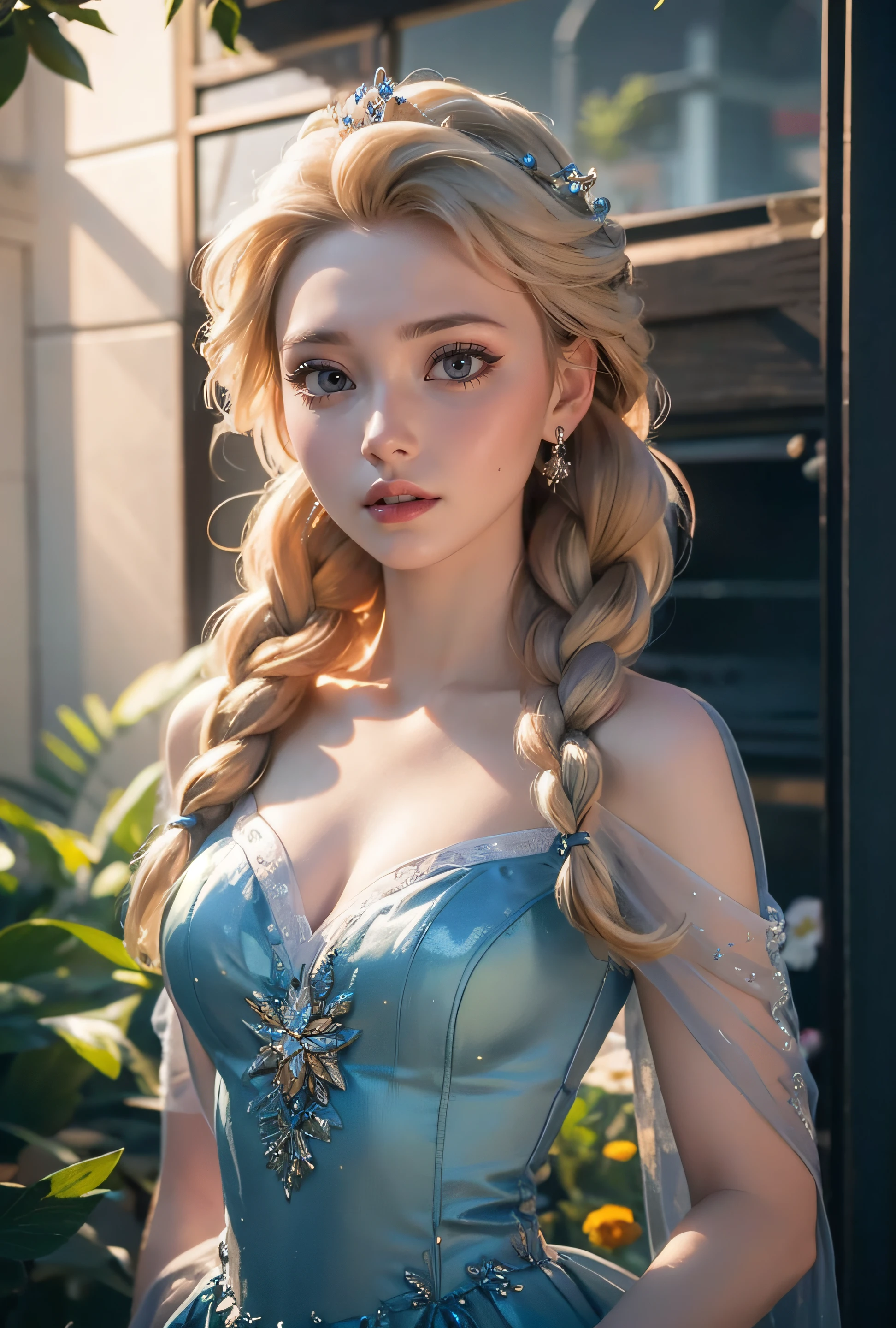 (8k, RAW photo, best quality, masterpiece:1.2), (realistic, photo-realistic:1.4), highres, ultra-detailed, extremely detailed, depth of field, a beautiful woman in a blue dress with  braids and a tiara on her head and a flower in her hand,The overall composition should have the focus on the character's appearance, <lora:PerfectFullBreasts-fCV3.5:1.2> <lora:elsa5-real:0.4> felsa