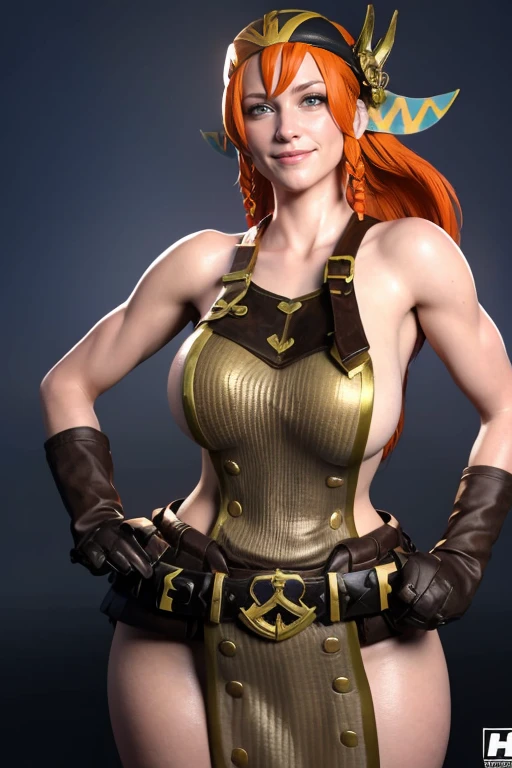 <lora:Minayle-10 (1):0.8> minayle, 1girl, solo, long hair, breasts, smile, blue eyes, large breasts, gloves, braid, red hair, belt, armpits, orange hair, arm up, lips, hand on hip, sideboob, goggles, pouch, belt pouch, goggles around neck, utility belt