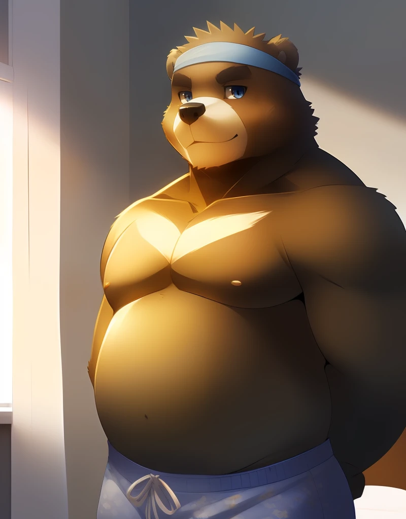 (((detailed eyes, detailed face))), (bara, kenji <lora:character_kenji_findigo_v2:1>, bear, short hair, spiked hair, black eyes), male, (solo), (plump, fat, chubby, overweight), (blue swim trunks, topless, headband), standing, (arms behind back), smile BREAK (konzaburou, ukan_muri, cute), bedroom, (soft shading), 8k, UHD, masterpiece, (full body)