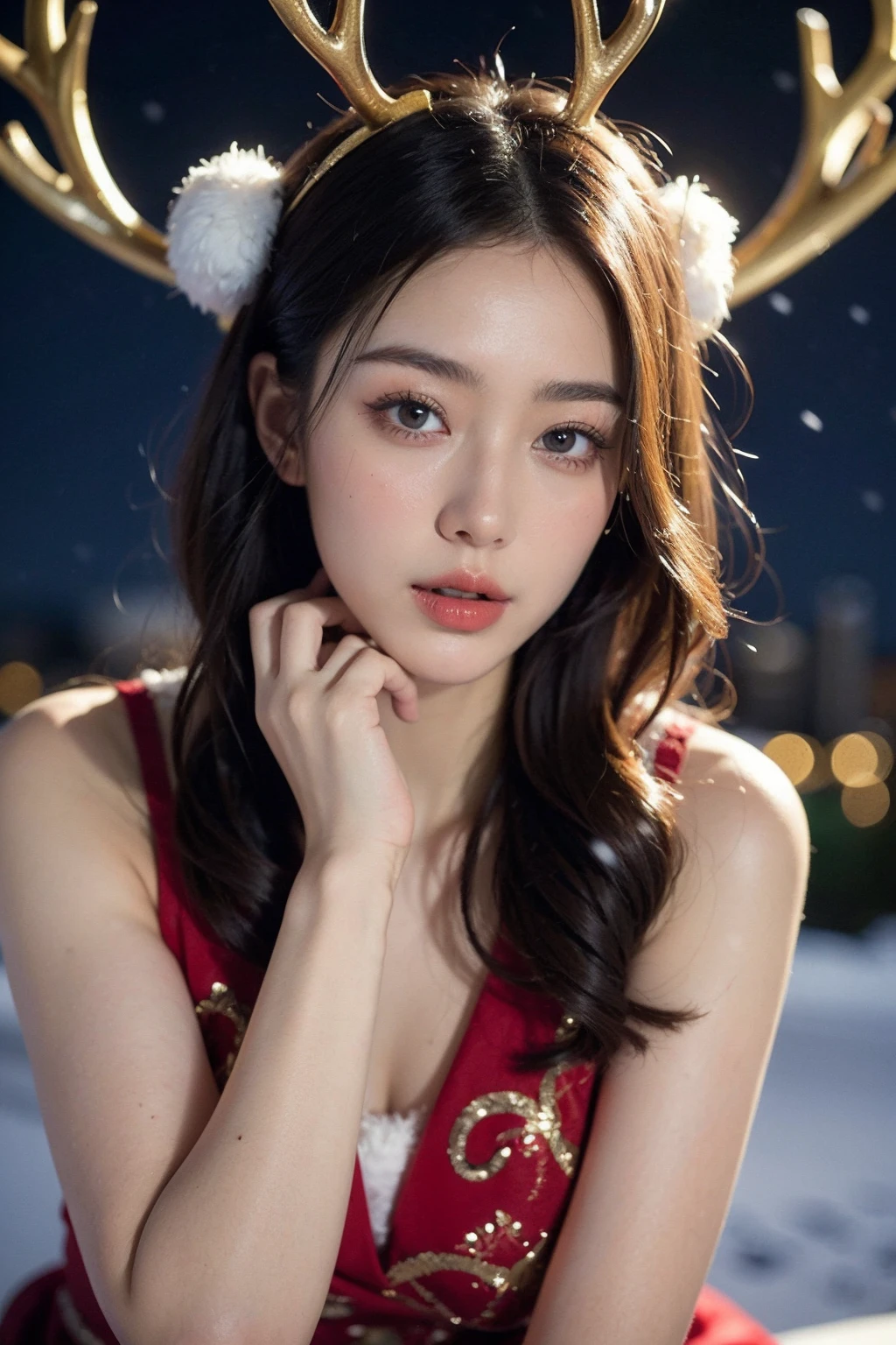 (best quality:1.5),(masterpiece:1.5),1girl,christmas clothes,antlers,close-up,exquisite eyes,night,cityscape,snowing,striped stockings,(an extremely delicate and beautiful),intricate detail,