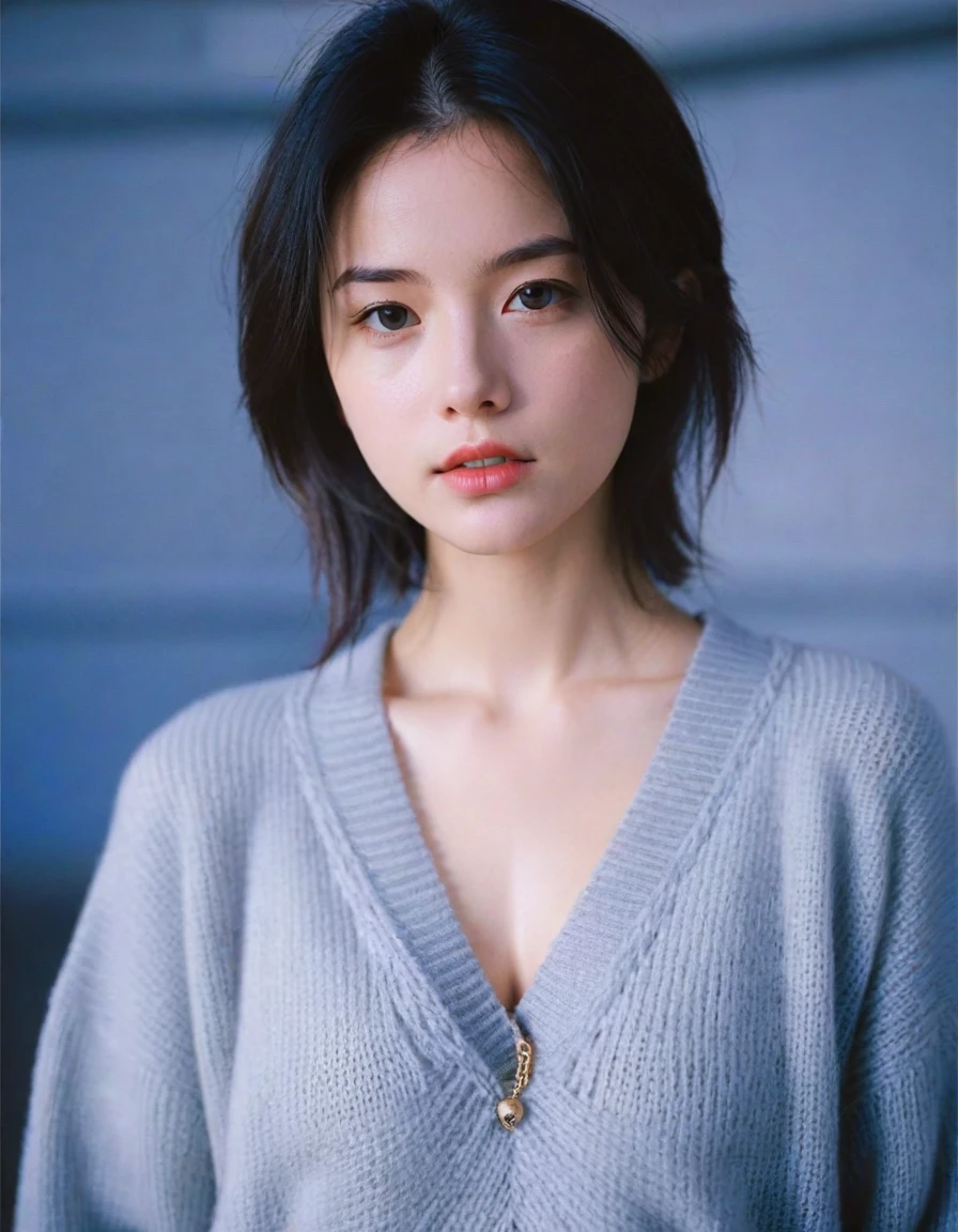 masterpiece, best quality, ultra high resolution (realism: 1.4), original photo, 35mm lens., F1 aperture.4, movie poster, light and shadow, female, a white cardigan, naked cardigan, long black hair, real skin, (skin detail: 1.3),