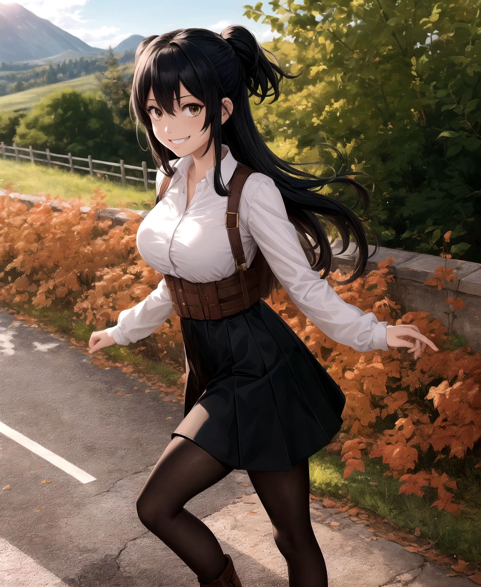 grin,, rakko yumiya, 1girl, solo, long hair, breasts, looking at viewer, smile, bangs, skirt, large breasts, shirt, black hair, long sleeves,  HDR,  black skirt, two side up, black pantyhose, brown footwear, <lora:Yumiya_Rakko_l:1>