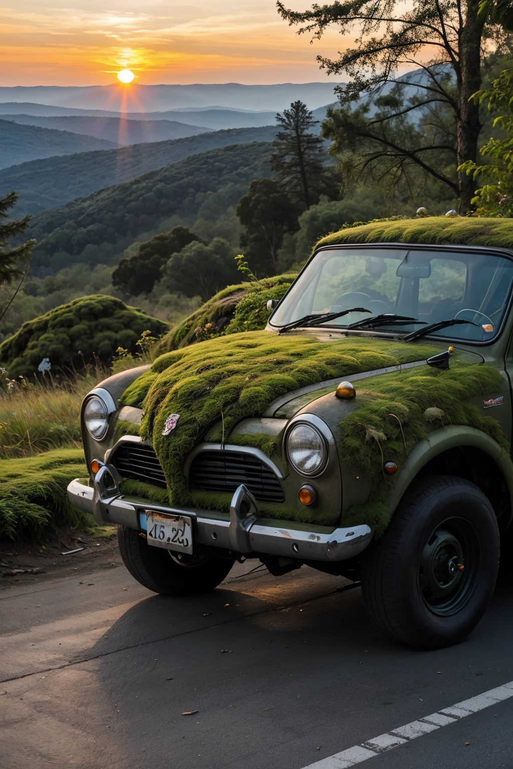 mossbeast car, gas station, sunset <lora:mossbeast:0.7> <lora:add_detail:0.5> <lora:realistic:0.5>