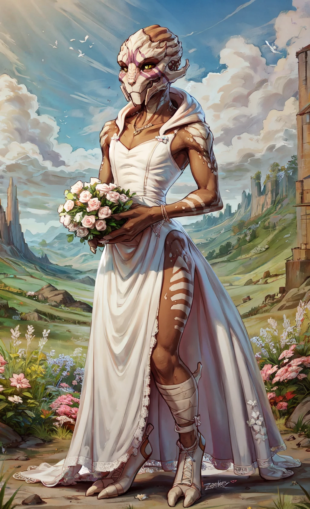 by ahoge, by zackary911, by f-r95, (full-length portrait:1.2), (three-quarter view:1.2), (detailed background:1.2), alien planet landscape, science fiction, outside, plant, (flowers:0.9), romantic ambiance, (romantic:1.4) BREAK
vetra nyx, brown skin, (light faceplate:1.2), purple facemark, tall, (female:0.8), (turian:1.3), alien, (scalie:0.8), green eyes, (slit pupils:1.3), (eyelashes, eyeliner:1.2), (happy, smile:1.2), mass effect, (wedding dress, bride, flat chested:1.2), standing, pose, (holding bouquet:1.1), shy, (laces, bows, stripes, frills:1.3), (shoes), furgonomics, jewelry, 3 fingers, <lora:Femtur_v1.3_:1.1>