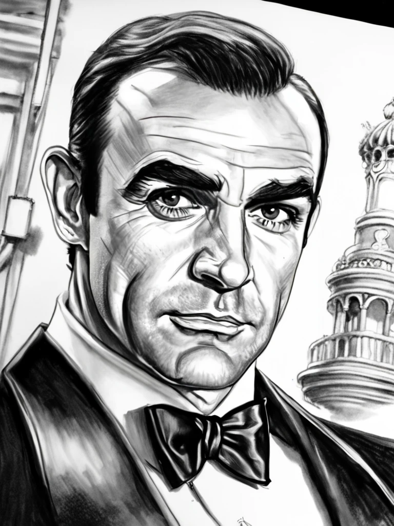 Highly detailed pencil drawing of Sean Connery wearing a tuxedo <lora:Sean Connery-000004:0.6>, intricate, artstation, sharp focus
