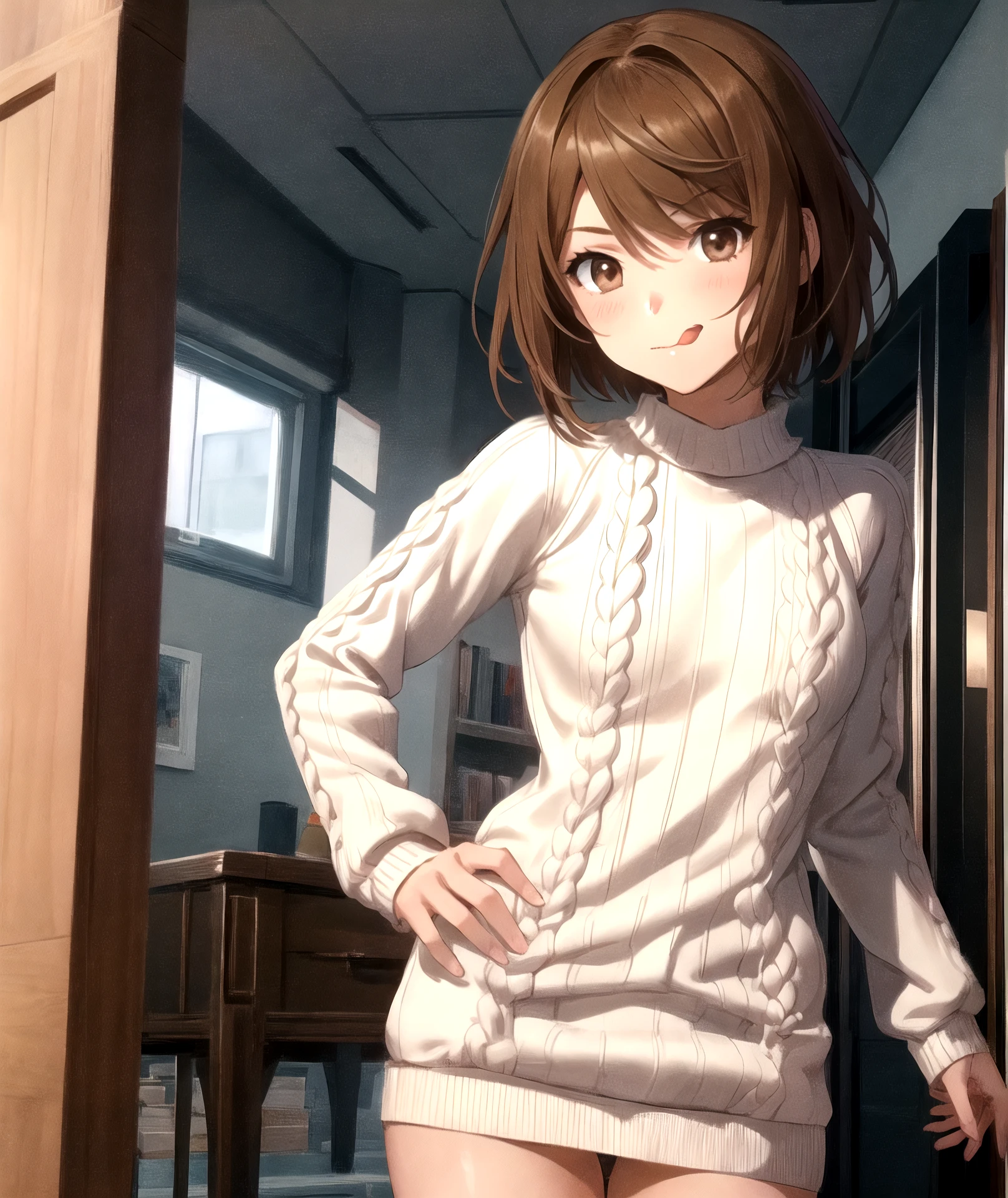 1girl, (shapely body), (solo), <lora:Saiai Kinuhata_L:0.7>, hdr, saiai kinuhata, solo, short hair, brown hair, brown eyes, jewelry, tongue out, sweater, hand on hip, v, white sweater, sweater dress, ;q