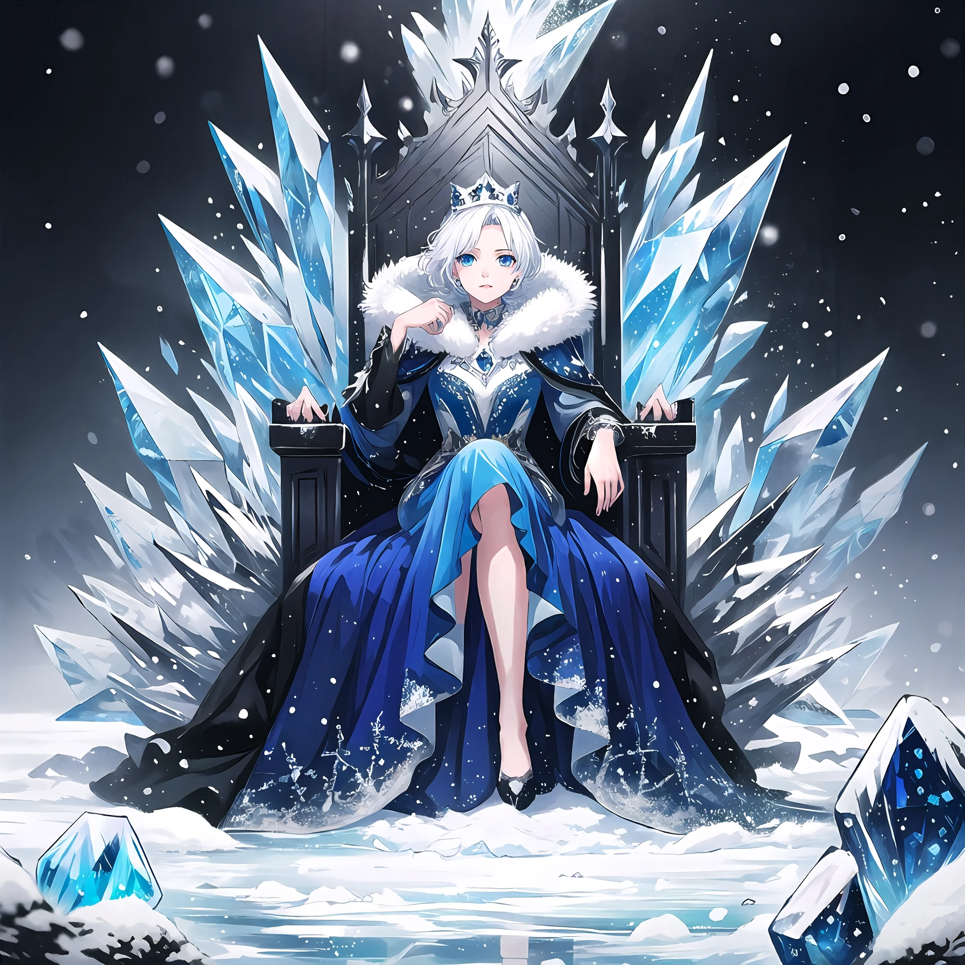 solo focus,masterpiece, hires,high resolution, best quality, <lora:I_am_the_king.:0.8>, royalpresence, beautiful princess, blue dress, snow dress, blue eyes, white hair, snow, ice, ice throne, spiky throne, crystal throne, sitting