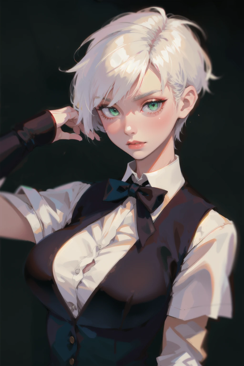 1girl,  green eyes,  eyes , white hair, razor cut hair, short hair, best quality, absurdres, dark theme, (large breasts:1.1), simple background,  vest, white shirt, collared shirt, black vest, formal, bowtie
