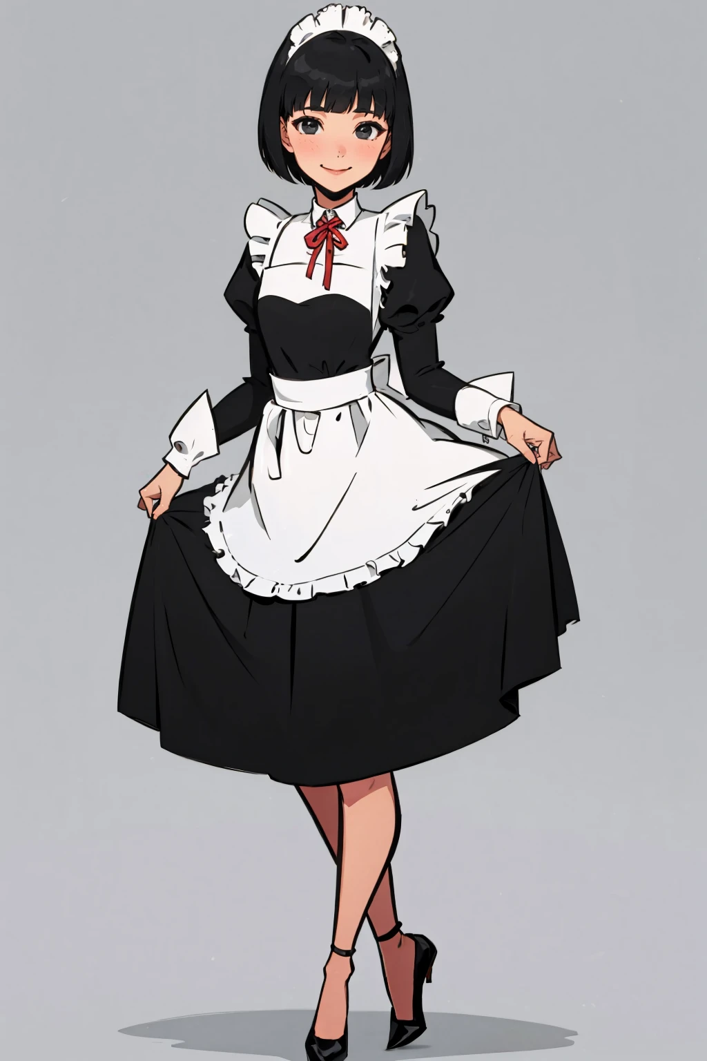 (masterpiece, best quality:1.2),  <lora:hugotendaz:1>, hugotendaz, 1girl, solo, maid headdress, black hair, maid, apron, short hair, shoes, smile, looking at viewer, blush, long sleeves, full body, black eyes, simple background, dress, skirt hold, black footwear, bangs, maid apron, ribbon, bob cut, juliet sleeves, white apron, puffy sleeves, standing, red ribbon, closed mouth, neck ribbon, black dress