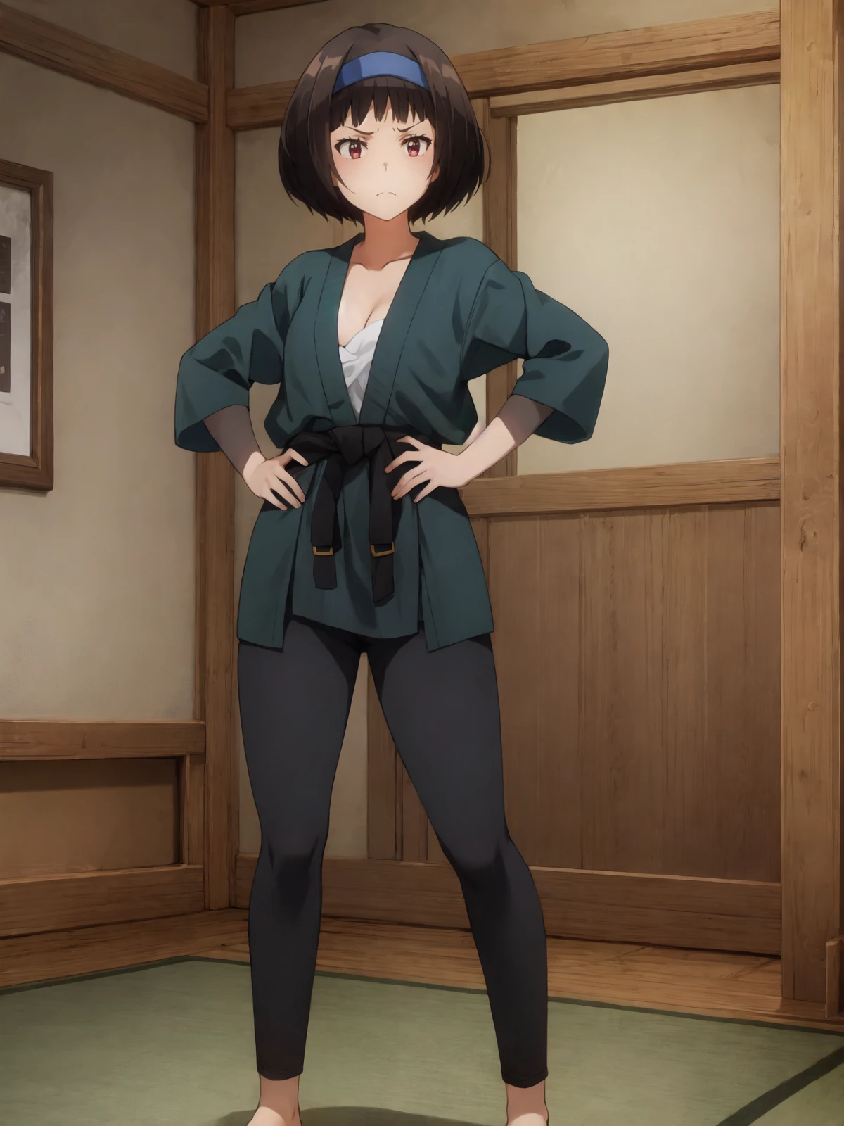 SLE, mksks style, detailed background absurdres, highres, full body, <lyco:GoodHands-beta2:1.0>,
BREAK solo, 1girl, <lora:Kazuki Ferrari:0.8>, kazuki ferrari,
BREAK headband, japanese clothes, blue karate gi, dougi, open clothes, cleavage, (sarashi, chest sarashi, budget sarashi), blue pants, barefoot, no shoes,
BREAK standing, hand on hip, looking away, facing viewer, v-shaped eyebrows, frown,
BREAK dojo, east asian architecture, indoors