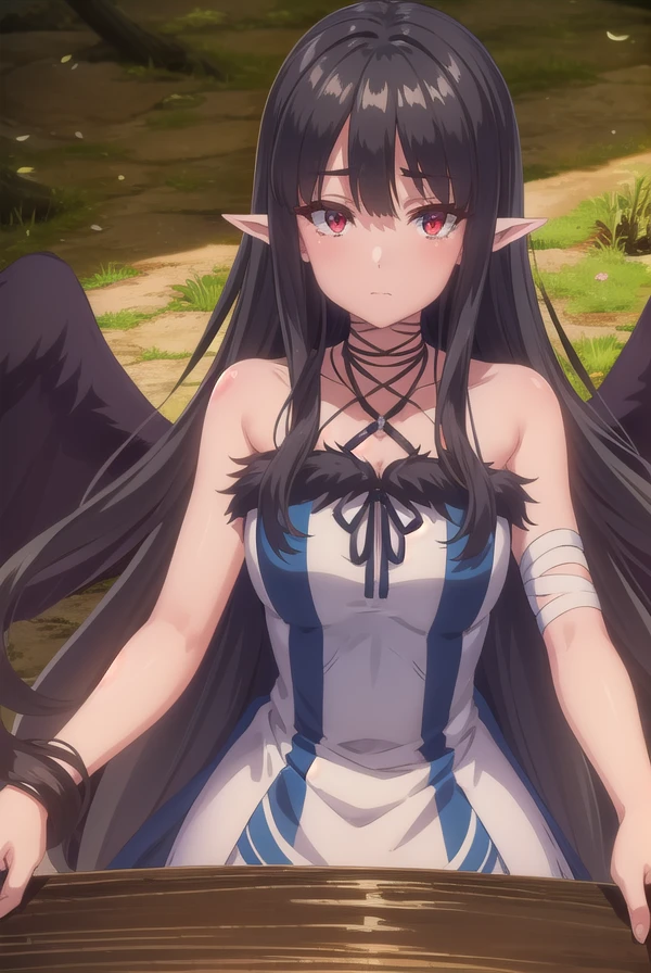evereese, <lora:eve reese s1-lora-nochekaiser:1>,
eve reese, long hair, bangs, black hair, (red eyes:1.3), very long hair, pointy ears,
BREAK dress, bare shoulders, collarbone, wings, sleeveless, black dress, black ribbon, halterneck, bandages, feathered wings, black wings,
BREAK outdoors, forest, nature, trees, grass, sun, sky, clouds,
BREAK looking at viewer, (cowboy shot:1.5),
BREAK <lyco:GoodHands-beta2:1>, (masterpiece:1.2), best quality, high resolution, unity 8k wallpaper, (illustration:0.8), (beautiful detailed eyes:1.6), extremely detailed face, perfect lighting, extremely detailed CG, (perfect hands, perfect anatomy),