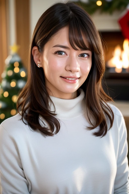1girl,(wearing a turtleneck sweater),(winter jacket),(RAW photo, best quality), (realistic, photo-realistic:1.4), masterpiece, an extremely delicate and beautiful, extremely detailed, 2k wallpaper, Amazing, finely detail, extremely detailed CG unity 8k wallpaper, ultra-detailed, highres, soft light, beautiful detailed girl, extremely detailed eyes and face, beautiful detailed nose, beautiful detailed eyes,cinematic lighting,snow scenery,fireplace,(christmas tree,christmas decorations),perfect anatomy,slender body, 
 <lora:unairisa_lora:0.8>,smile