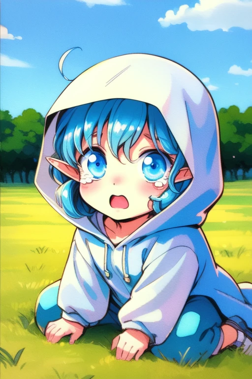 <lora:Rumi_FQ_Ver2:0.8> Rumi, blue_eyes, blue_hair, curly_hair, long_hair, elf,
solo, 1girl, blush, hood, grass, hair ornament, x hair ornament, blue eyes, ?, short hair, open mouth, looking at viewer, tears, traditional media
masterpiece, high quality, very_high_resolution, large_filesize, full color, chibi, child, 1990s \(style\), earth,