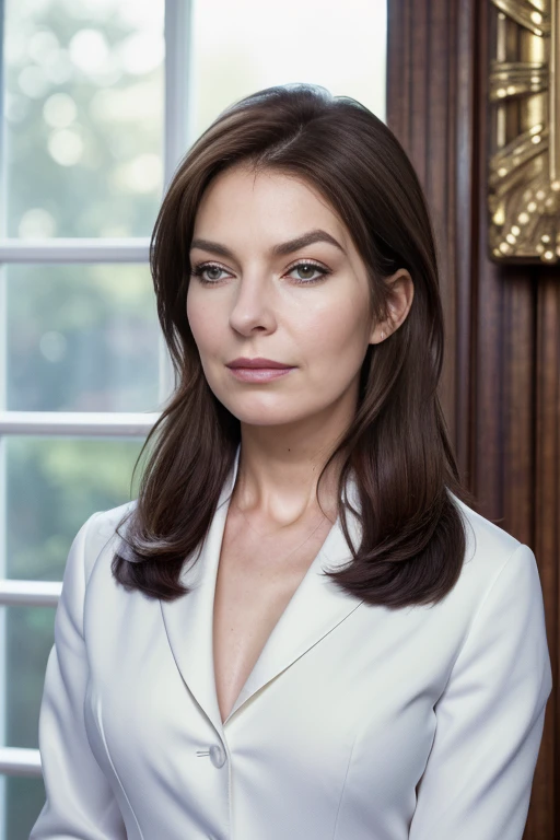 (RAW, analogue, Nikon Z 14mm ultra-wide angle lens, award-winning glamour photograph, ((best quality)), ((masterpiece)), ((realistic)), skin pores, subsurface scattering, radiant light rays, high-res, detailed facial features, high detail, sharp focus, smooth, aesthetic, extremely detailed, (extremely detailed eyes, extremely detailed iris), extremely detailed hair, extremely detailed skin, extremely detailed clothes, octane render, photorealistic, realistic, post-processing, max detail, realistic shadows, roughness, natural skin texture, real life, ultra-realistic, photorealism, photography, 8k UHD, photography, hdr, intricate, elegant, highly detailed, sharp focus, stunning, beautiful, gorgeous), (photorealistic), (realistic), 5314w4rd in a suit, standing in front of a desk, full body, brown hair, brown eyes, indoors, oval office, white house, windows, upper body, morning, bright, photorealistic, realistic, detailed eyes, intricate face, high contrast, <lora:Sela_Ward_PMv1a_Lora-000010:1.3>,