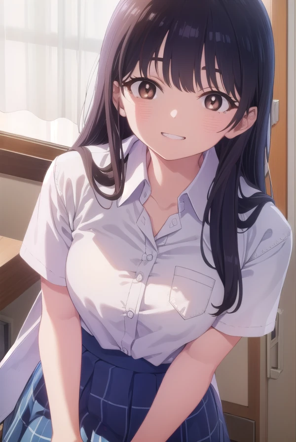 annayamada, <lora:anna yamada s1-lora-nochekaiser:1>,
anna yamada, long hair, bangs, black hair, (brown eyes:1.5), smile, grin,
BREAK skirt, shirt, school uniform, white shirt, pleated skirt, collared shirt, sweatdrop, blue skirt, pocket, shirt tucked in, breast pocket,
BREAK indoors, classroom,
BREAK looking at viewer, (cowboy shot:1.5),
BREAK <lyco:GoodHands-beta2:1>, (masterpiece:1.2), best quality, high resolution, unity 8k wallpaper, (illustration:0.8), (beautiful detailed eyes:1.6), extremely detailed face, perfect lighting, extremely detailed CG, (perfect hands, perfect anatomy),