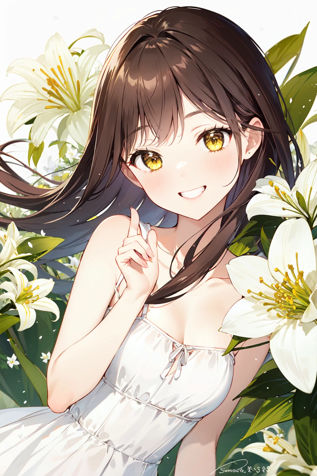 (masterpiece:1.2),best quality,PIXIV,first love,
1girl, solo, long hair, smile, brown hair, dress, looking at viewer, blush, white dress, flower, bangs, sleeveless dress, yellow eyes, sleeveless, white background, bare shoulders, sundress, grin, upper body, lily \(flower\), signature, floral background, strap slip, bare arms, teeth, white flower