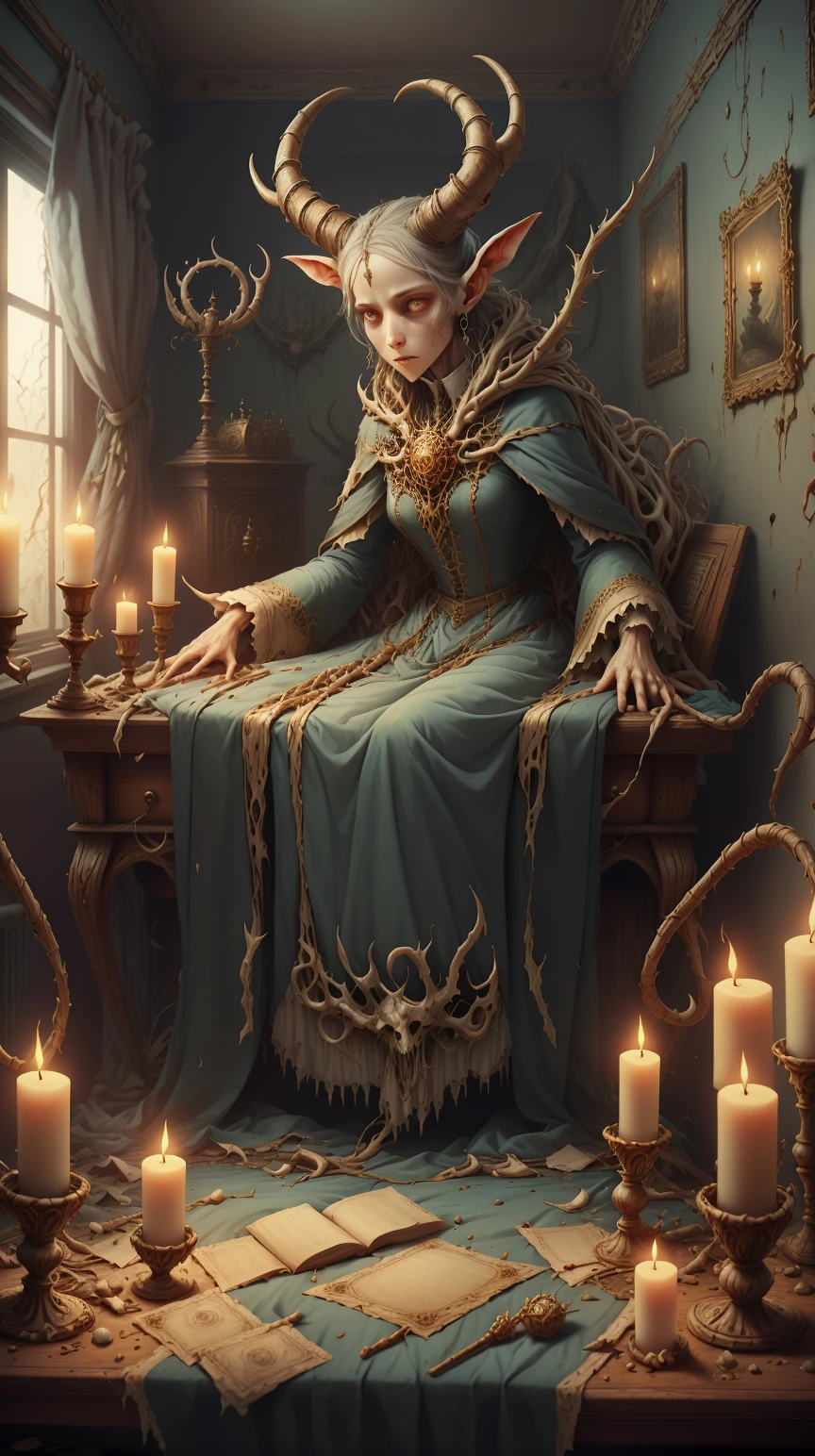 <lora:Hornyfier:1>Hornyfier abandoned asylum, phantasmal, worn curtains, candelabras,Coffin Lights, Tarot Card Art
, (Masterpiece:1.3) (best quality:1.2) (high quality:1.1)