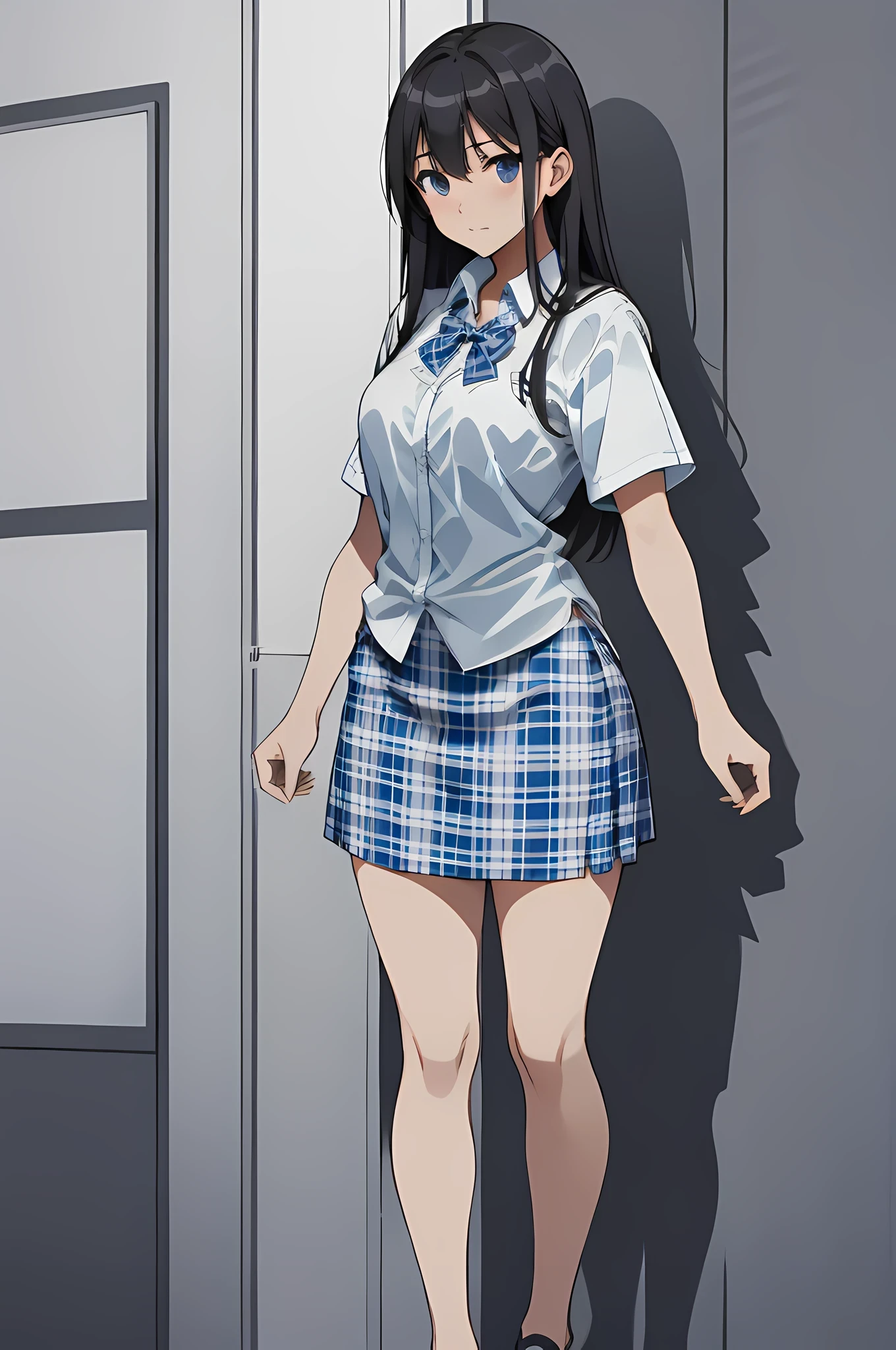 ((best quality)), (masterpiece), woman, age 18, student, wearing uniform, white shirt, short sleeves, bowtie, long light blue plaid pencil skirt, blank background, white wall, anime
