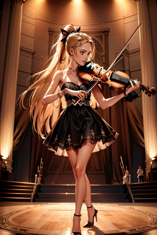 (masterpiece:1.3) (absurdres:1.3) (best quality:1.3) (ultra-detailed:1.3)
(slender:1.3) (thin:1.2) (skinny:1.1)
(very_long_caramel_blonde_hair:1.2) freckles (very_long_side_ponytail:1.2)
(standing, on stage, playing the violin:1.3)
covered_nipples, revealing clothes, shiny clothes (hair bow) ((high_heels:1.2))
(jewelry, earrings, heart_necklace, bracelets, circlets, anklets)
bridal gauntlets, bridal garter, bridal veil, thighighs, lace_trim
<lora:Sara_James:1> <lora:violin_20231126045551:0.2>