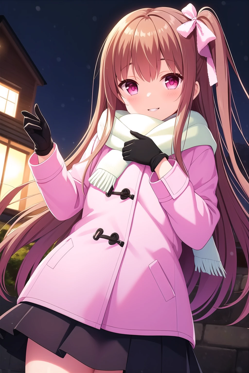 (masterpiece, best quality), highly detailed background, perfect lightingbest quality, asahinamomoko, solo, outdoors, night, winter, brown hair, hair ribbon, white ribbon, one side up, side ponytail, long hair, pink eyes, white scarf, pink coat, buttons, <lora:GoodHands-vanilla:1>, brown gloves, winter gloves, black skirt, winter clothes, smile, closed mouth, parted lips, pink lips, <lora:Asahina-Momoko:0.7>