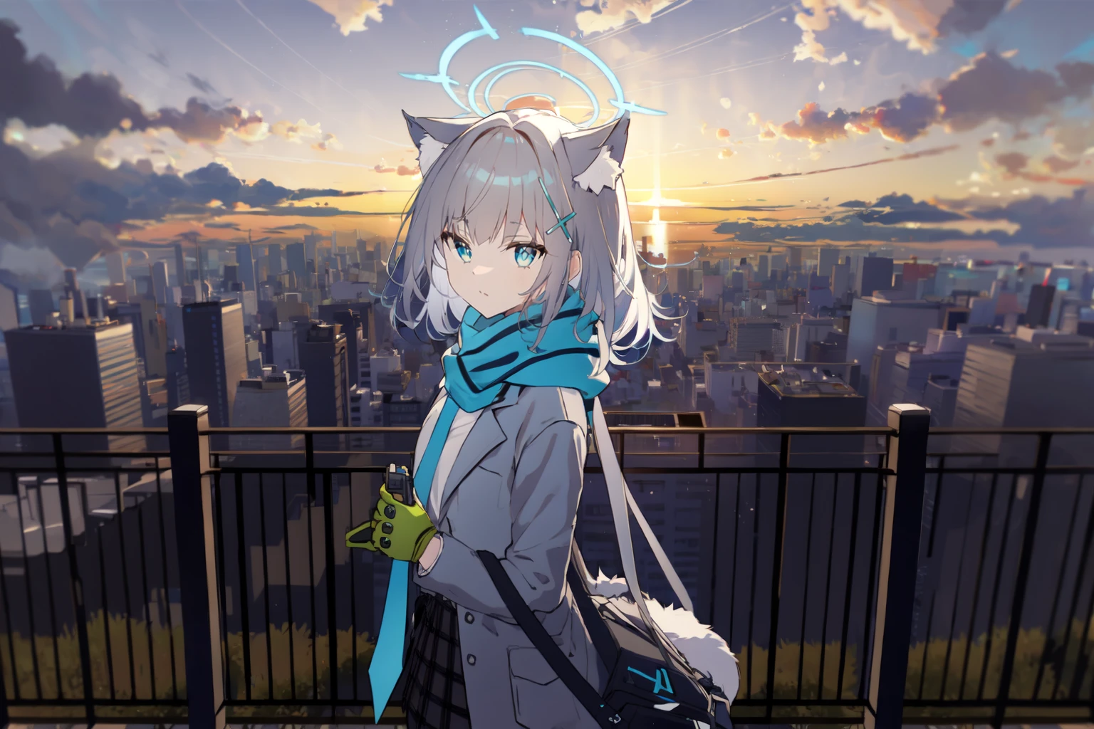 (masterpiece:1.2),best quality,PIXIV,first love,
Shiroko,
1girl,shiroko (blue archive),weapon,rifle,animal ears,gun,solo,assault rifle,scarf,gloves,blue eyes,outdoors,halo,sig sauer,jacket,hair ornament,looking at viewer,green gloves,cityscape,animal ear fluff,cloud,skirt,sky,blue scarf,open clothes,grey hair,school uniform,shirt,white shirt,city,mismatched pupils,long sleeves,bangs,necktie,cross hair ornament,blazer,open jacket,single glove,plaid,bag,extra ears,building,cloudy sky,scenery,skyline,closed mouth,holding,medium hair,railing,plaid skirt,blue necktie,striped scarf,pleated skirt,wolf ears,
<lora:Shiroko-000016:1>,