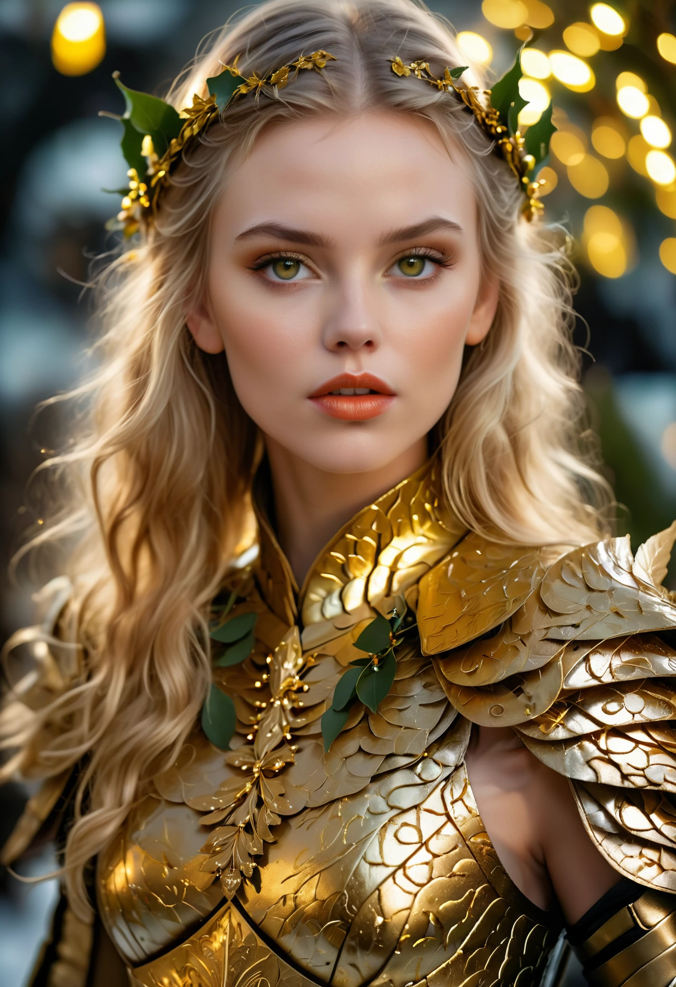 RAW Photograph, closeup, elite female soldier, stunning Elf, ashen blonde wavy hair, ((unusual yet elegant makeup, glossy golden lipstick, black and gold eyeshadow)), beautiful mercenary, skilled warrior, gorgeous mstltmrc, detailed skin with visible pores, very fine and delicate facial features, wearing golden armor that looks like an elegant dress, (haute couture flowing dress, flowing layered dress that's actually reactive luminescent armor), intricate details, team yellow, subtly adorned with actual mistletoe, lit by fairy lights, masterpiece, highly detailed, surrounded by fairy lights, magical realism, 35mm photograph, kodachrome, 8k, dslr, ((photographic art by Brandon Woelfel):1.2)