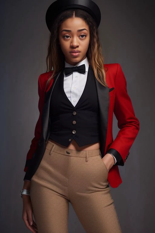 DEN_amira_fernandes,
performing in a (circus:1.2) wearing a red and black (blazer:1.1) and white (shirt:1.1) and cream (trousers:1.1) and black bow tie and (top hat:1.1), ring leader, circus,
bokeh, f1.4, 40mm, photorealistic, raw, 8k, textured skin, skin pores, intricate details <lora:epi_noiseoffset2:1>, epiCRealism <lora:ClothingAdjuster3:-1>