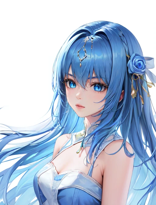 best quality, masterpiece, highres, detailed, digital artwork, <lora:Detail - add_detail:0.2>, CoralVG,  <lora:Character - CoralVG-6:0.8>, blue hair, blue eyes, blue dress, simple white background, serious, upper body,