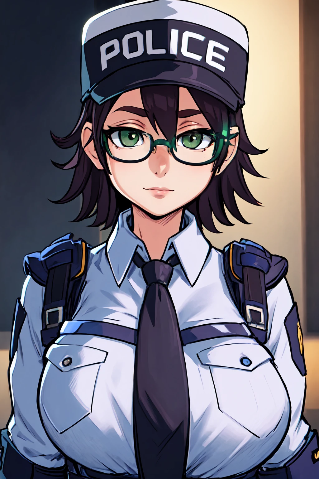 portrait, sharp focus, soft lighting,   illustration, depth of field,  mariewentz, black-framed eyewear, green eyes, police hat, breast pocket, clothes writing, necktie, police uniform, policewoman,    <lora:mariewentz-000003:0.75>  <lora:asanagi:0.35>