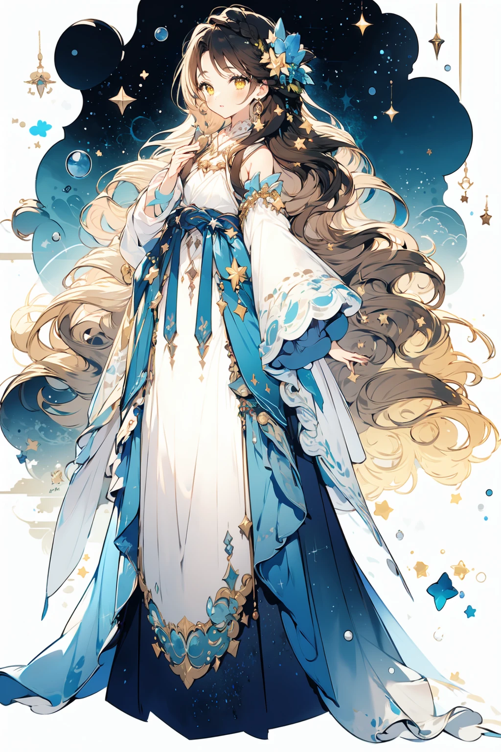 (masterpiece:1.2),best quality,PIXIV,first love,
1girl, long hair, dress, solo, dark background, very long hair, star (symbol), simple background, full body, white dress, standing, holding, brown hair, hair ornament, long sleeves, wavy hair, bangs, brown eyes, detached sleeves, looking at viewer, sleeves past wrists, jewelry, yellow eyes
<lora:fairy tale girl_20230711162639:1>