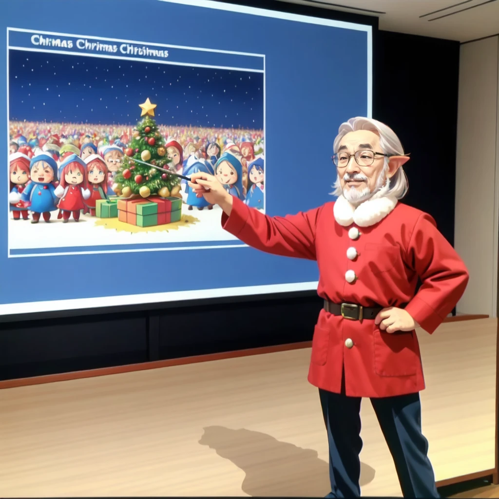 old man, glasses, presentation, screen, realistic, holding pointer, in front of a large screen, epoch elves on it, <lora:Presentation _v1:0.5> , <lora:XmasTad:0.8>, XmasTad