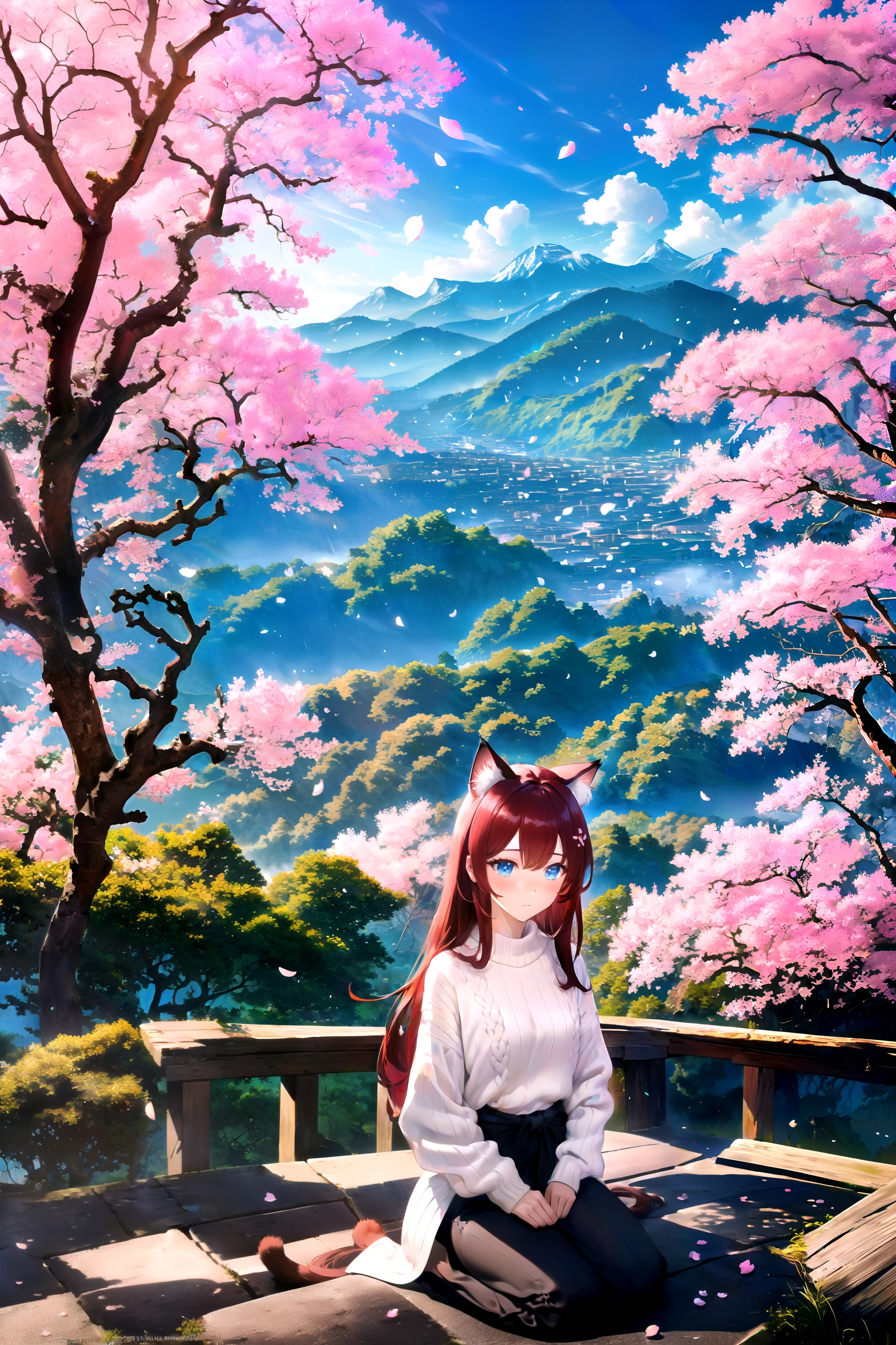 (masterpiece, best quality, highres), 1girl, raifu, solo, abstract, pov, seiza,
scenery, flowers, petals, vegetation, cherry blossoms, shrine, mountainous horizon,
BREAK
dark red hair, (long hair:0.8), blue eyes, straight hair, cat ears, blush,
(medium breasts:0.8), mature female, white sweater,