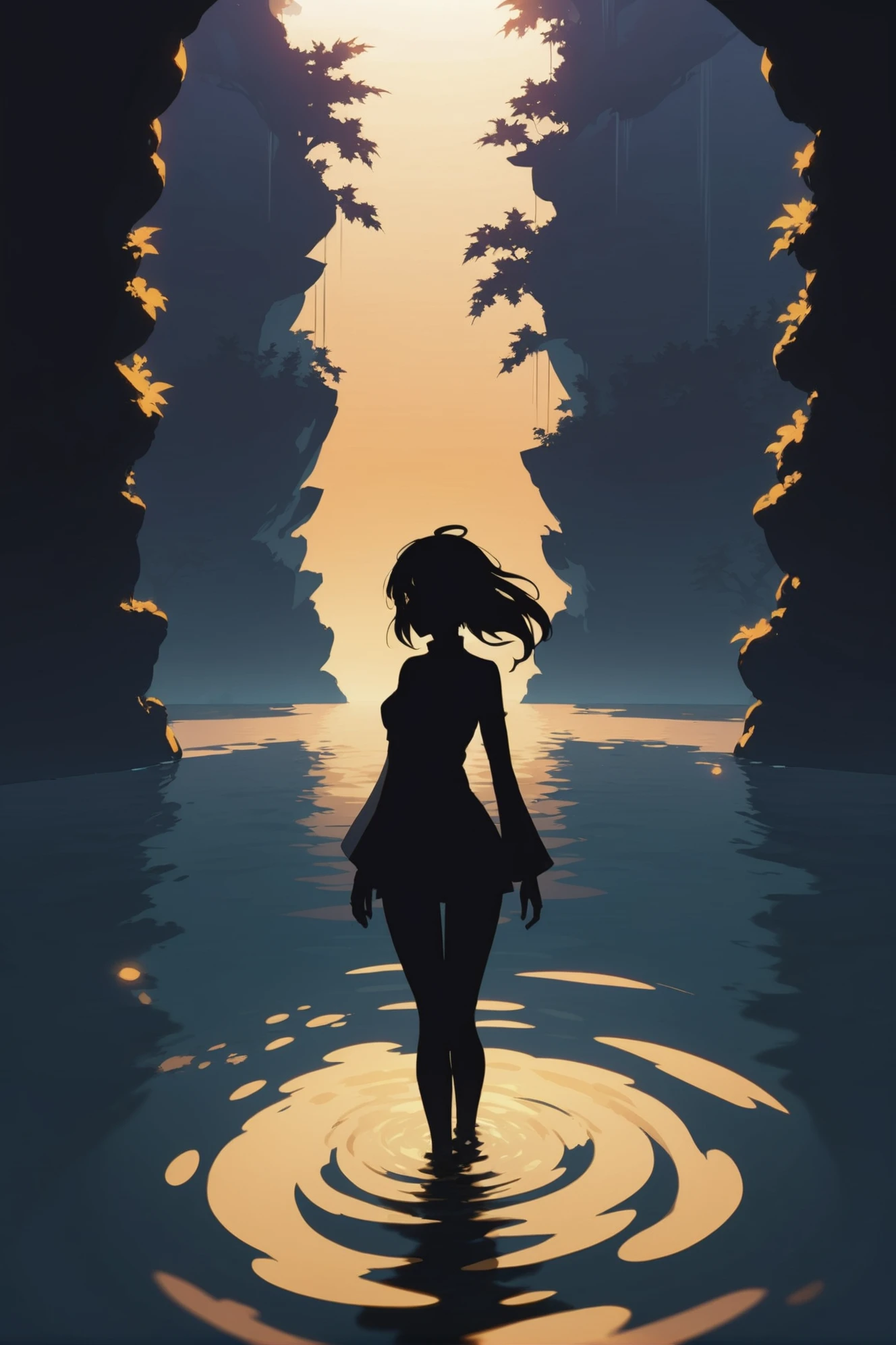 shadow minimalism, anime style, <lora:EnvySendNoodzXL01:-1><lora:EnvyShadowMinimalismXL01:0.75>1girl, woman, beautiful, golden hour, scenery, in a mystical Water Elemental Zone<lora:EnvyBetterHiresFixXL01:0:hr=1>