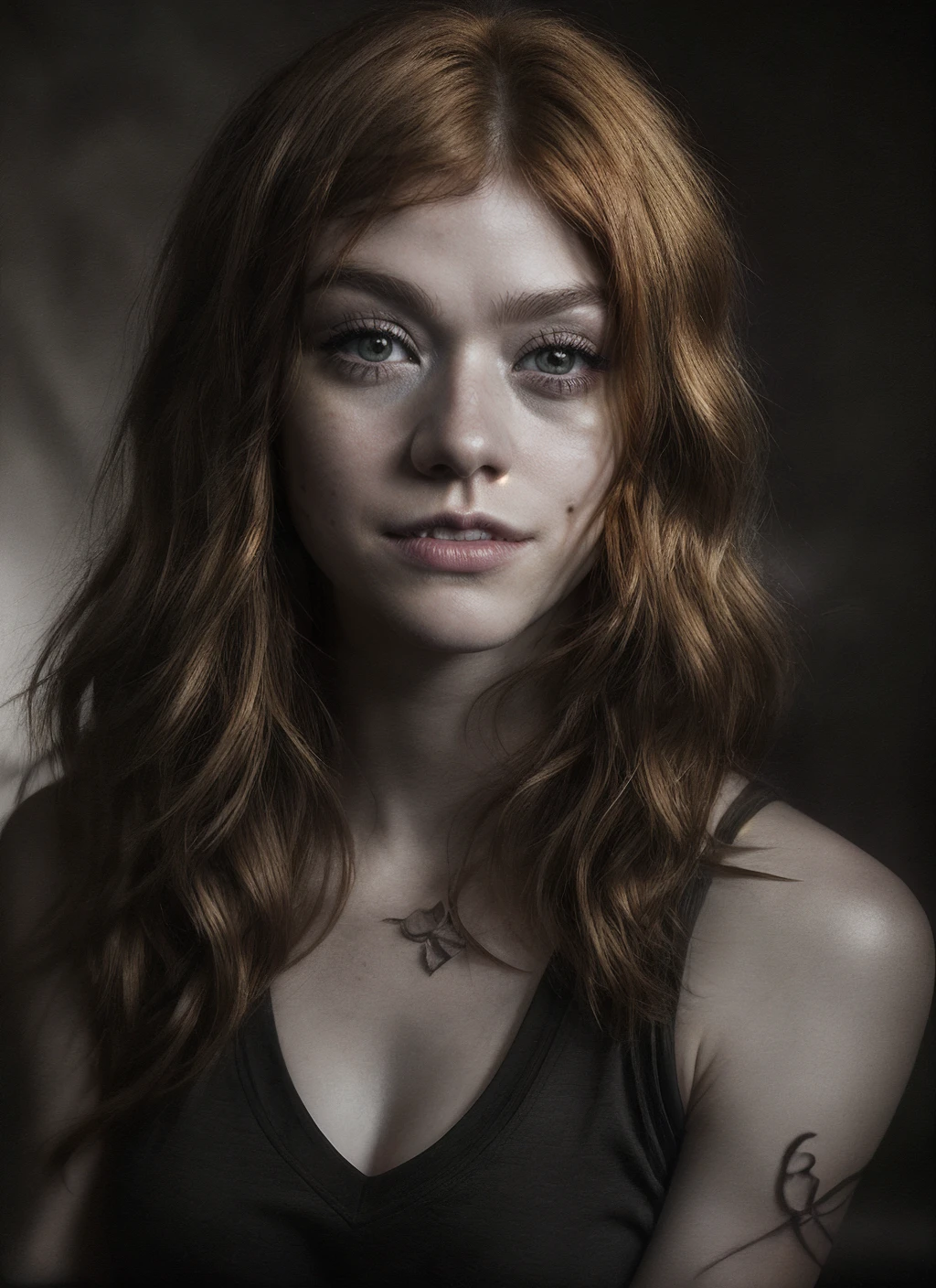 portrait of kmcnamara, happy, Clary Fairchild from Shadowhunters, epic (photo, studio lighting, hard light, sony a7, 50 mm, matte skin, pores, colors, hyperdetailed, hyperrealistic), <lora:add_brightness:.5> <lora:add_detail:1.0> <lora:kmcnamara:1.1>