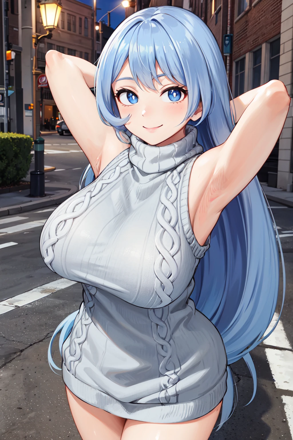 masterpiece, best quality, highres, rimuru tempest, blue hair, long hair, huge breast,huge cleaveage,dragon print kimono, standing, looking at viewer, city road, outdoor, modern city road, blush, shy, smile, show teeth, sexy pose,