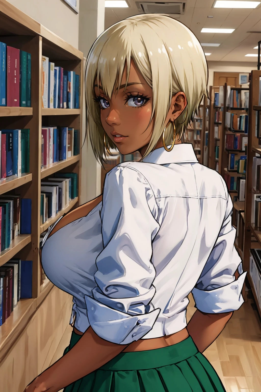 masterpiece, Highest quality, Ranko, Dark Skin, Hoop Earrings, necklace, tie shirt, Green Skirt, Large Breasts, From behind, View your viewers, Upper Body, library