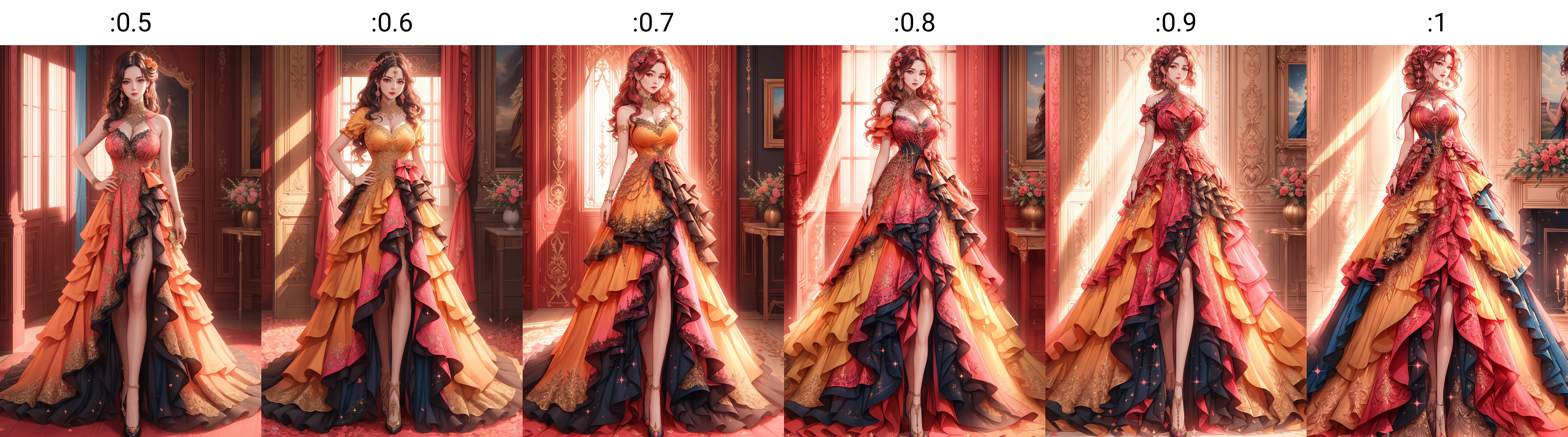 ((best quality)), absurdres, ((ultra high res)), a mature woman in red_black_pink_blue_orange_yellow dress, magical dress, beautiful, indoors, extremely detailed, looking at viewer, realistic, 8k, masterpiece, ("<lora:magicaldress-08:0.5>")