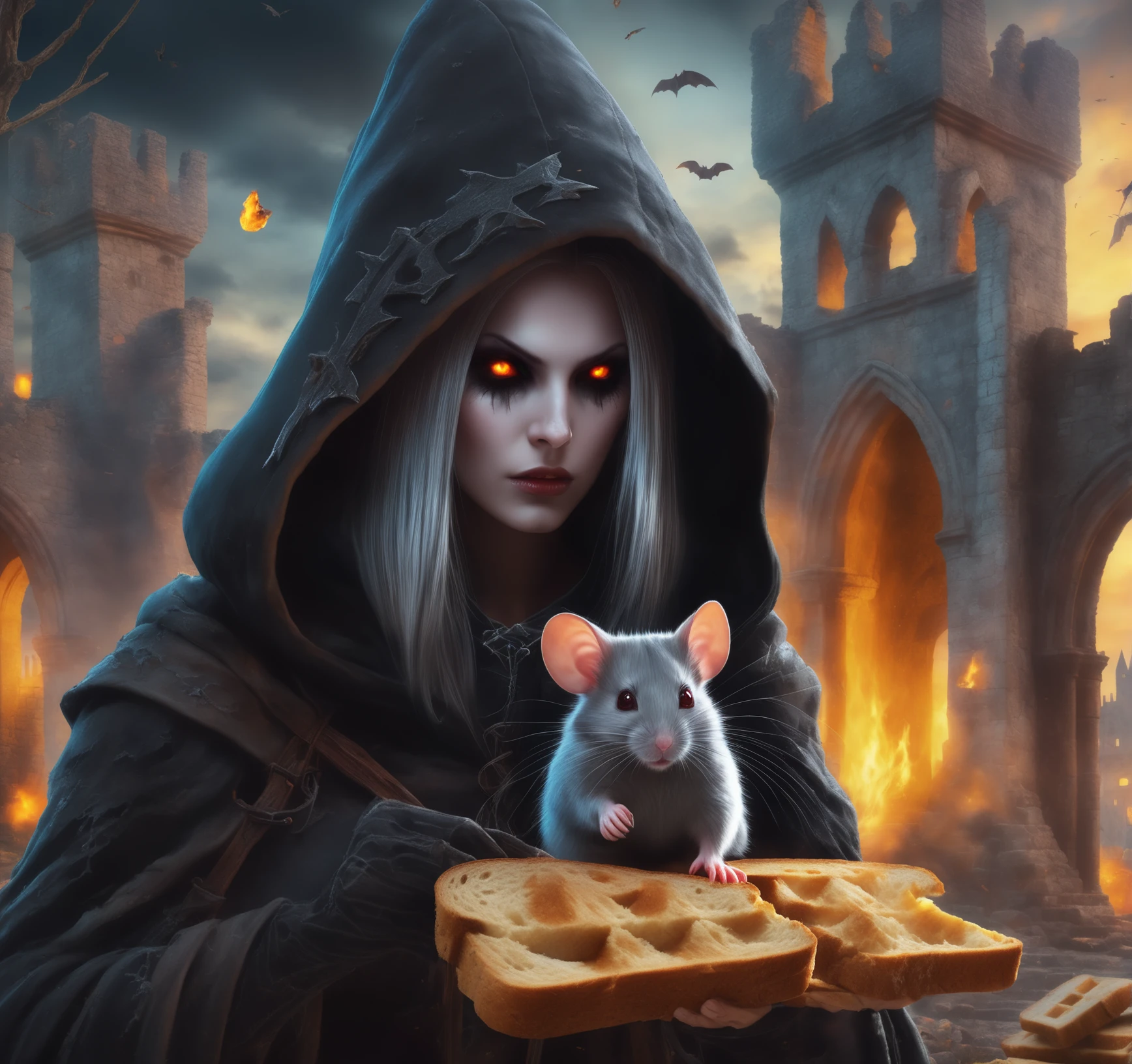 photorealistic digital art a beautiful attractive witch with an evil look, burning eyes, in a hood, with a small cute fluffy mouse on her shoulder against the background of the ruins of a castle, feeding the mouse a piece of bread, The undead army in the background is attacking the castle. 8k, hdr, octane render, incredible like life, insane detailed,  horror style, nifhtmare, LegendDarkFantasy, <lora:LegendDarkFantasy-000001:0.85>