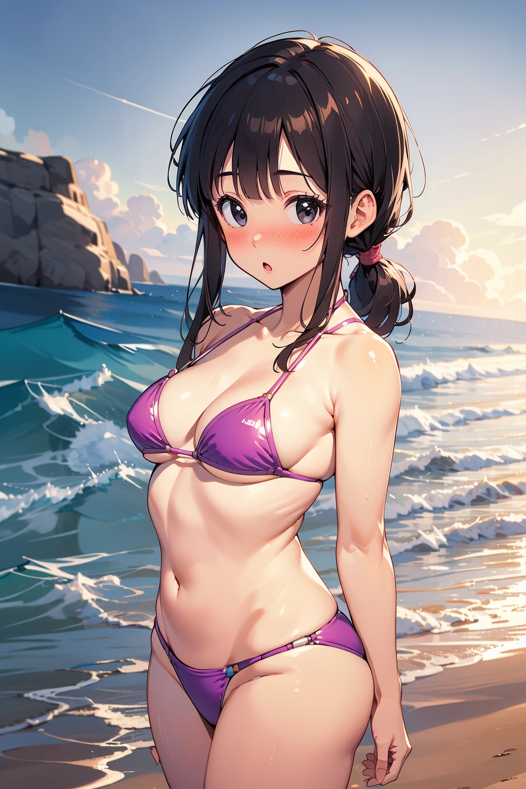 1girl, solo, BREAK outdoors, beach, looking at viewer, (masterpiece:1.2), best quality, high resolution, unity 8k wallpaper, (illustration:0.8),(perfect hands, perfect anatomy), standing, (blush:1.5), purple bikini, swimsuit, :o, chichi, black hair, black eyes, low ponytail, blunt bangs, sidelocks